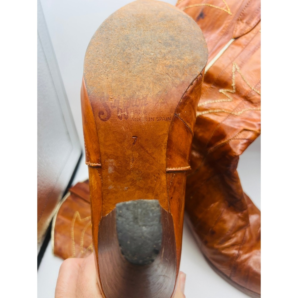 Sacha London Vintage Cognac Leather Western Cowboy Boots Made in Spain Heel 3.5" - Picture 10 of 10
